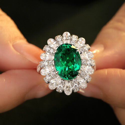 Zambia artificially cultivated 5-carat emerald ring silver plated 18K gold synthetic colorful treasure women's ring