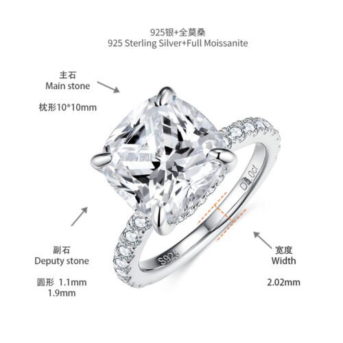 O1CN018qCKtz1g2WTlepWqB_!!3896764084-0-cib 5-carat pillow shaped moissanite diamond ring for women, luxurious large carat S925 silver plated 18k gold ring