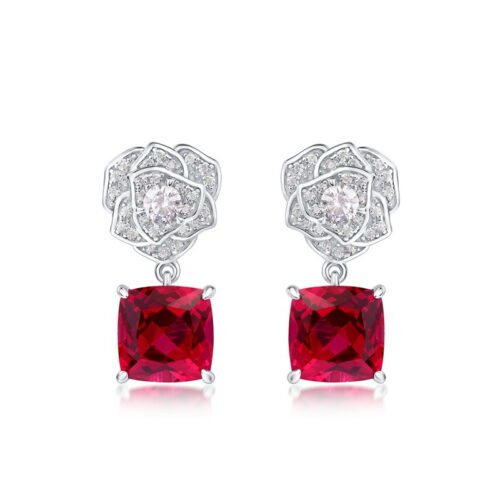 S925 silver inlaid cultivated red treasure earrings, simulated rose flower earrings