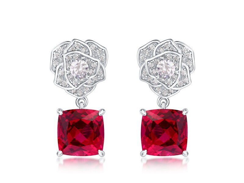 S925 silver inlaid cultivated red treasure earrings, simulated rose flower earrings