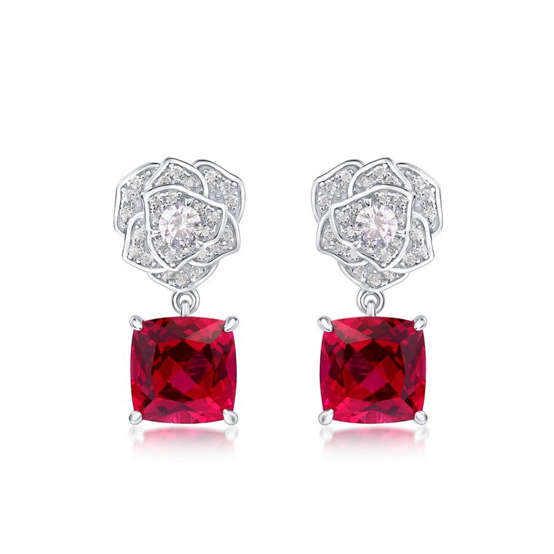 S925 silver inlaid cultivated red treasure earrings, simulated rose flower earrings