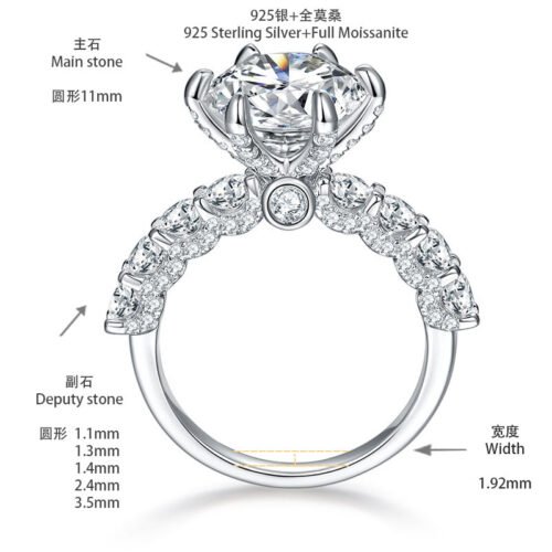 11mm 5-carat firework-cut full moissanite luxuriously set ring