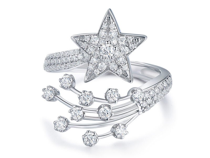 Star full diamond moissanite pure silver pentagram ring with an opening ring for ladies