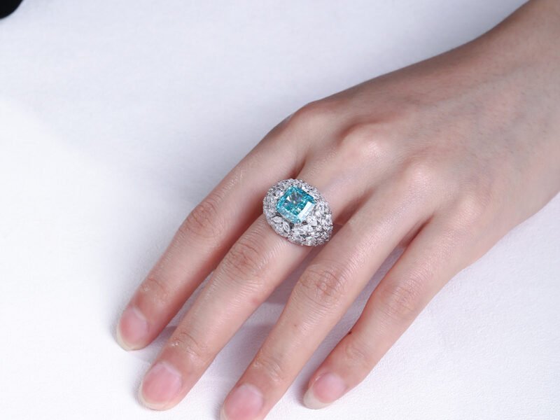 Blue ice flower cut high carbon diamond S925 silver plated 18k gold inlaid square 10mm 5-carat women's closed ring