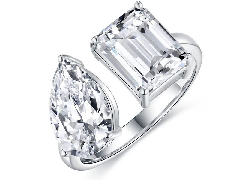 Classic double stone 3+3 carat teardrop emerald cut moissanite ring for women, adjustable, 925 silver