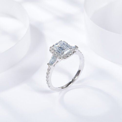 Emerald-cut full moissanite ring in 18k gold-plated silver