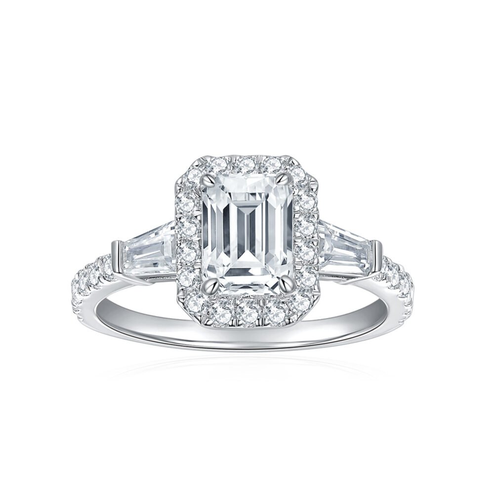 Emerald-cut full moissanite ring in 18k gold-plated silver