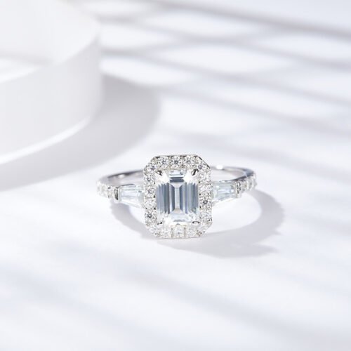 Emerald-cut full moissanite ring in 18k gold-plated silver