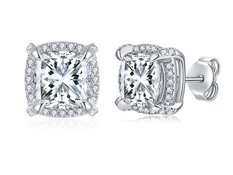 Hot selling classic square bag pillow shaped 8mm all moissanite earrings S925 silver plated 18k gold earrings