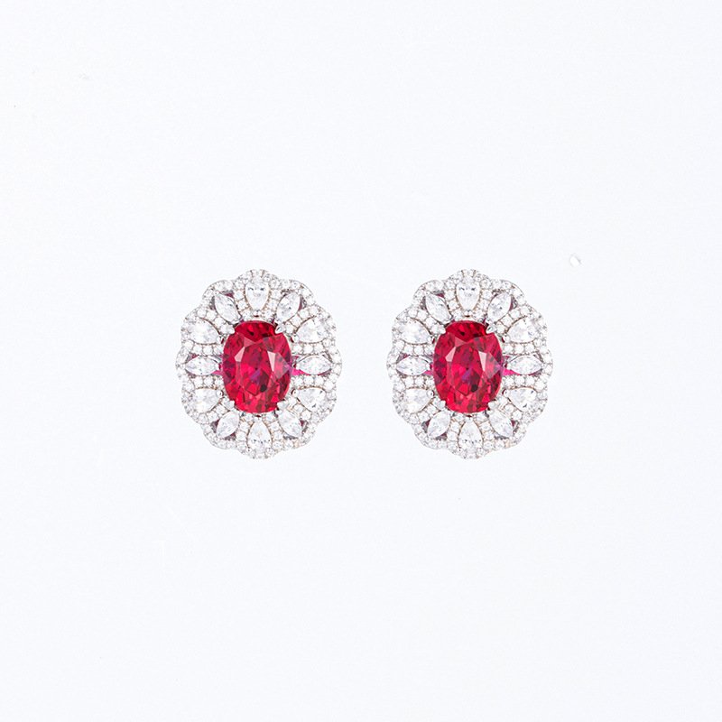 SKU_02_培育红宝耳钉 2-carat pigeon blood red grown ruby oval ring set