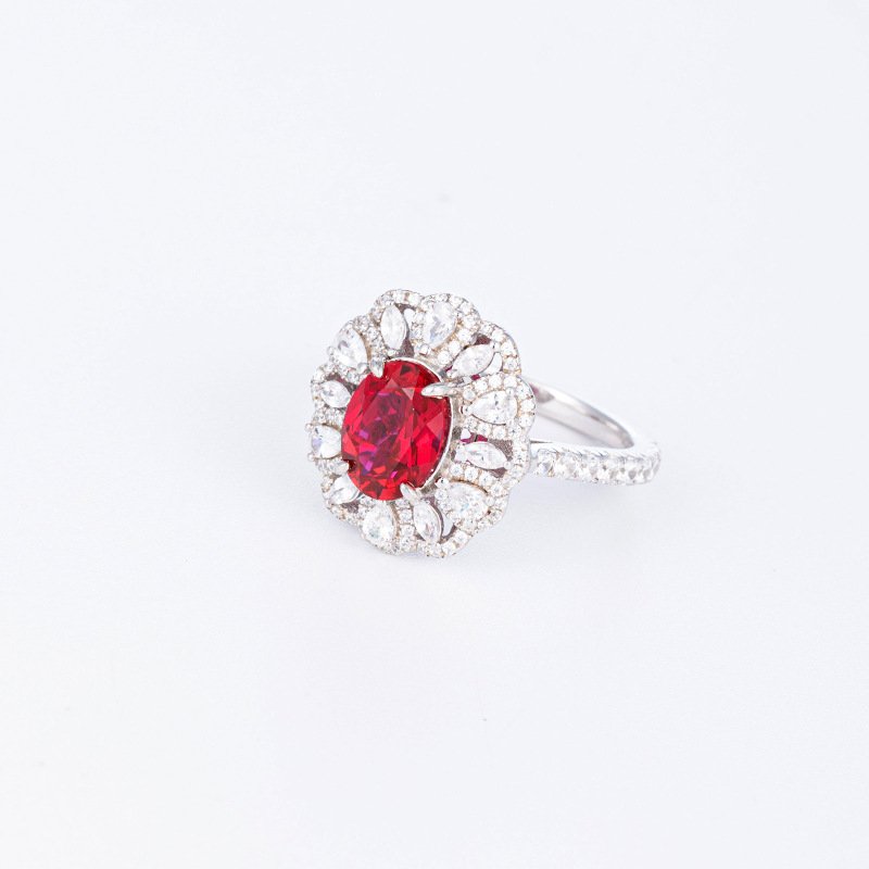 2-carat pigeon blood red grown ruby oval ring set