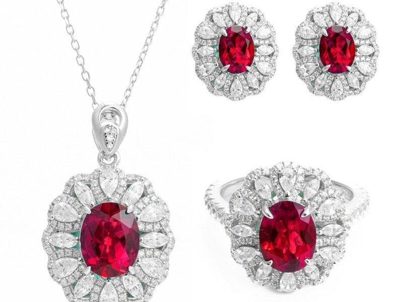 S925 silver gold-plated egg shaped three carat pigeon blood red cultivated ruby set