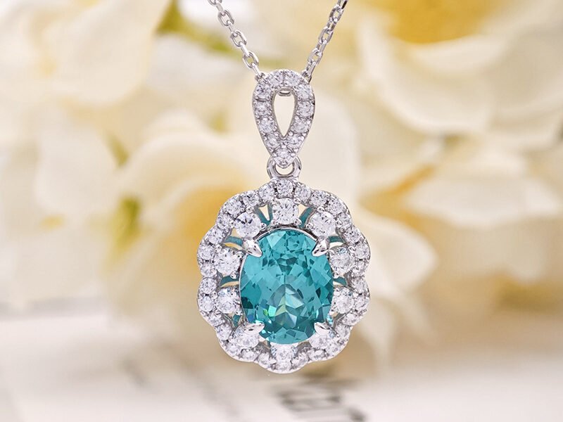 S925 silver gold-plated laboratory cultivates Paraiba 3-carat oval pendant necklace
