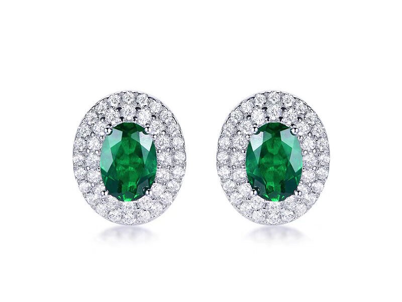 New S925 silver gold-plated oval cultivated emerald retro earrings with simple and luxurious temperament, 1 carat earrings